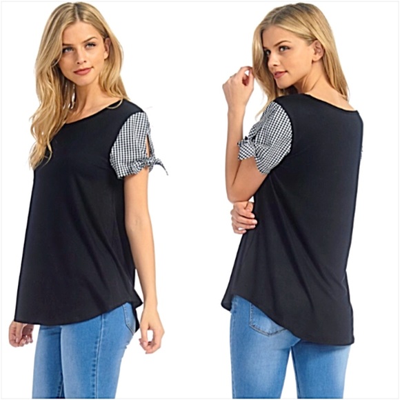 Soft Flowy Gingham Cut Out Tie Sleeve Top SML - Picture 7 of 7